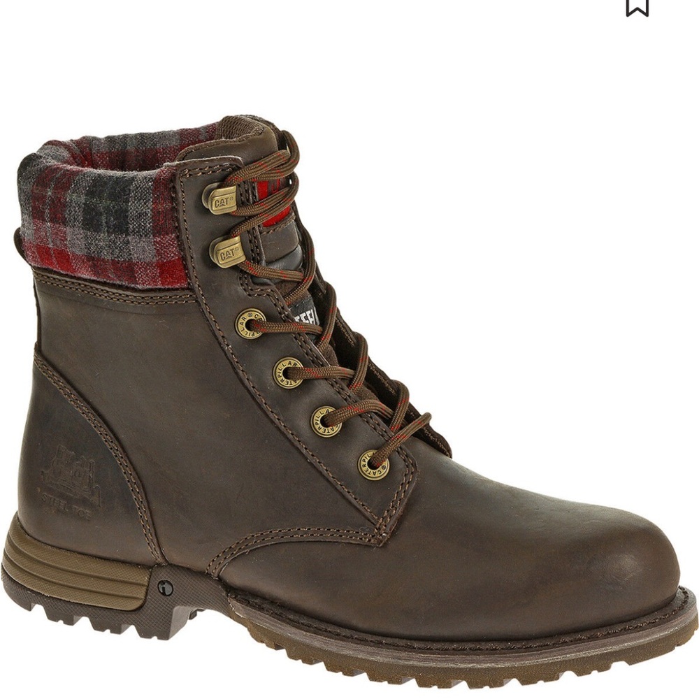 Women’s Caterpillar Brown Leather Steel Toe  Boots with Plaid Detail Size 9